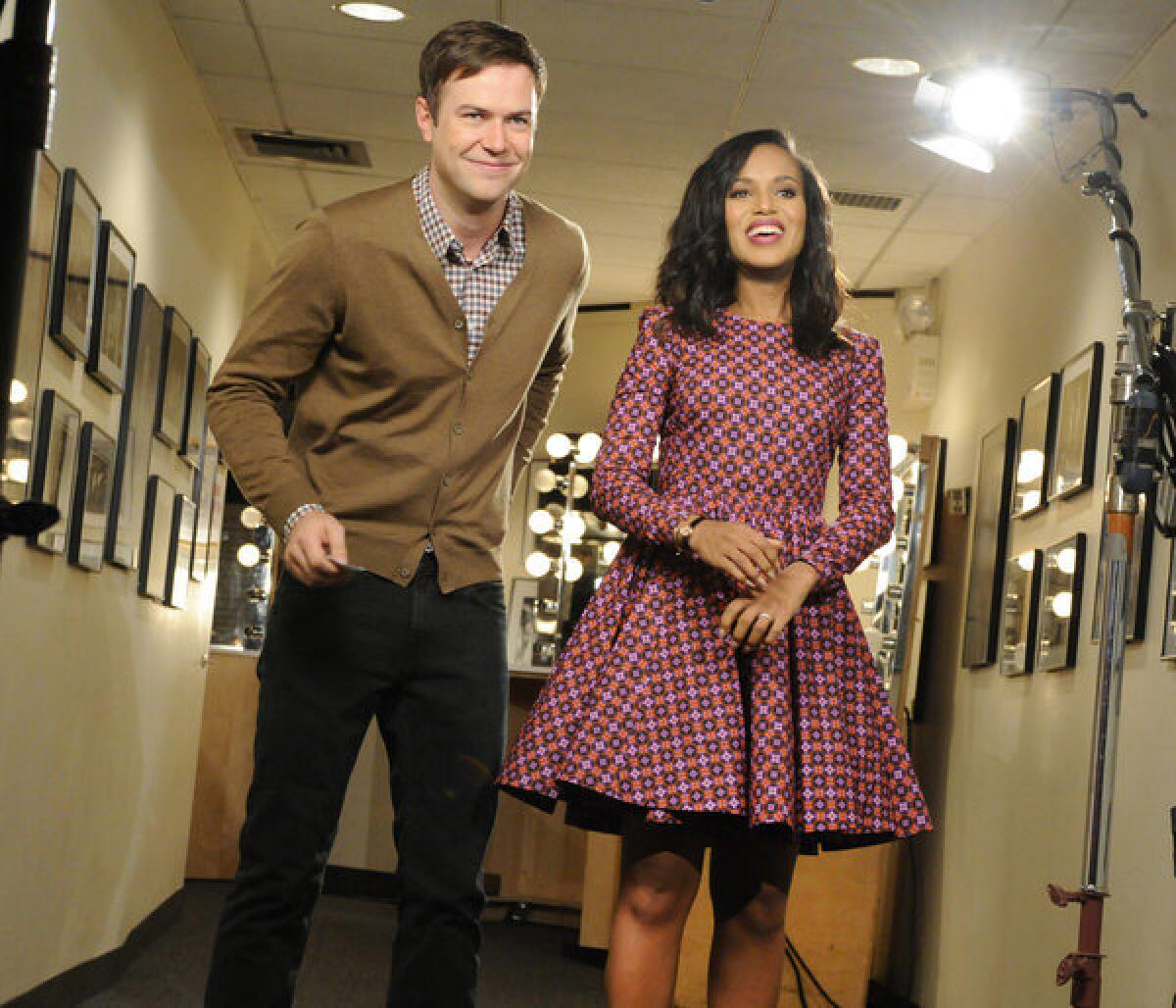 Kerry Washington, right, is seen with cast member Taran Killam during a promotional shoot for "Saturday Night Live" in New York.