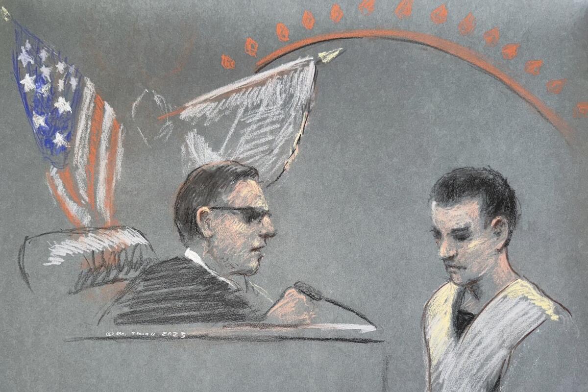 Illustration of judge and defendant in courtroom
