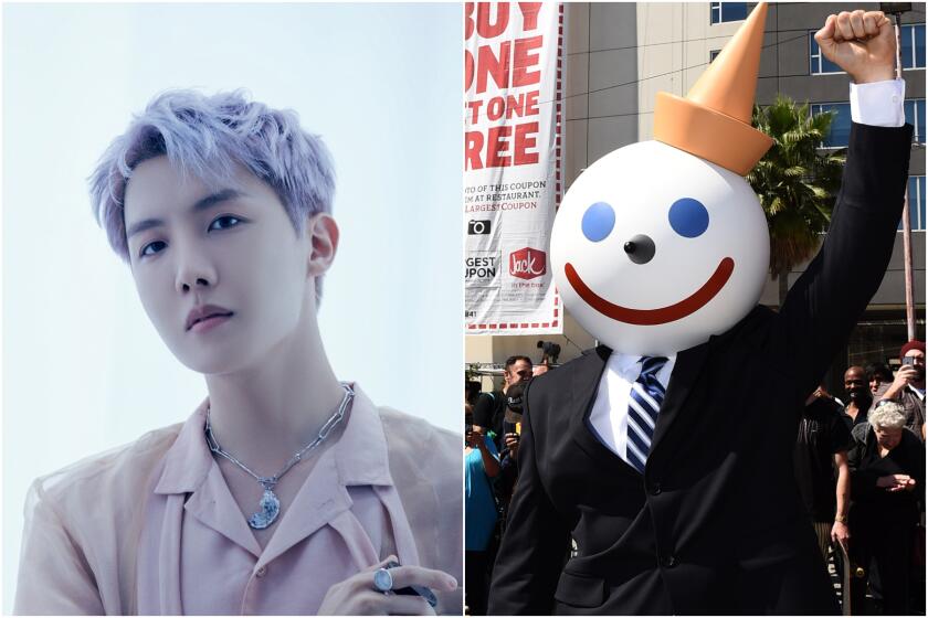 A split image of a man with purple hair, left, and a suited man wearing a white Jack-in-the-Box mask