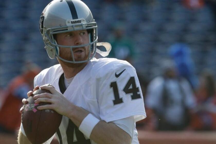 Raiders quarterback Matt McGloin passes during warmups before a game against the Broncos on Jan. 1.