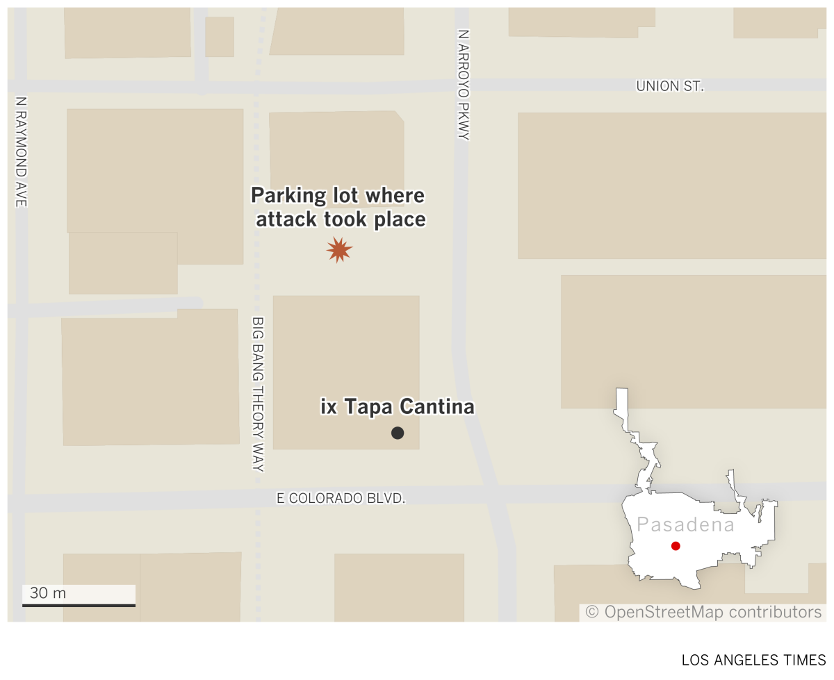 A locator map shows the restaurant from which the victims left and the parking lot where the attack occurred.