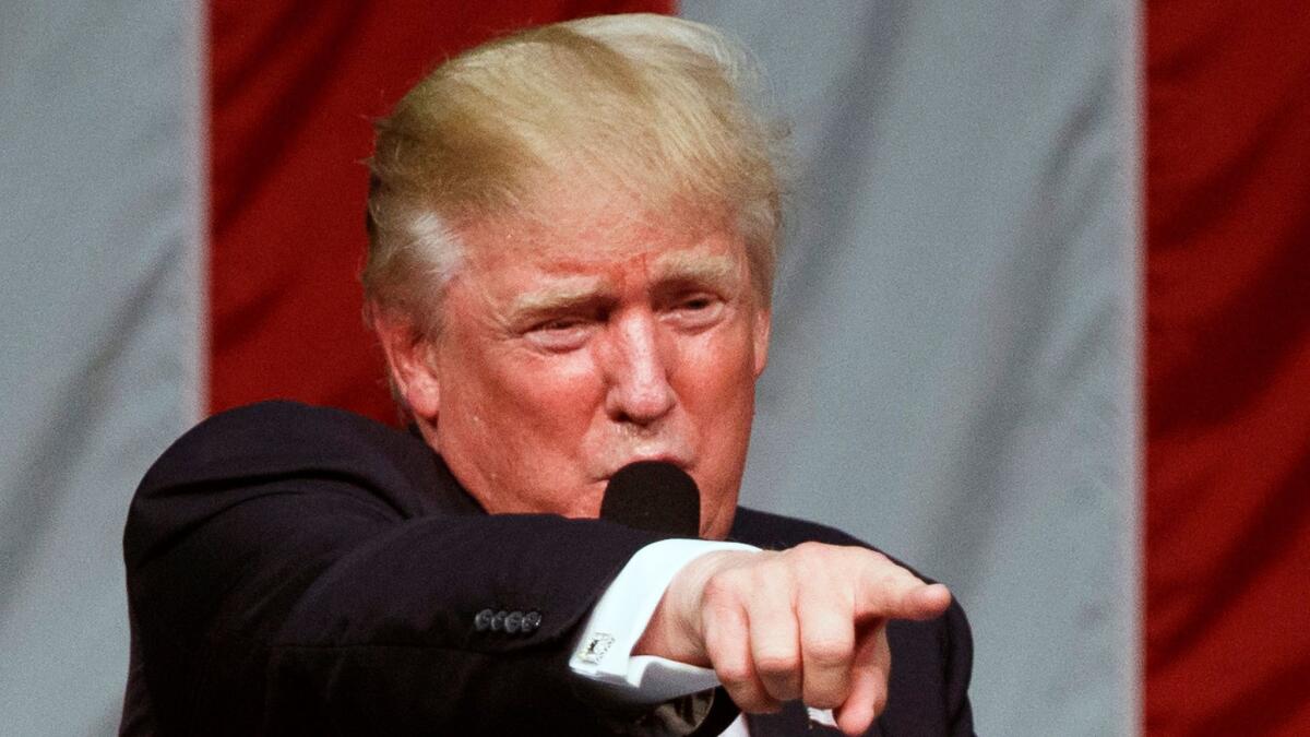 Republican presidential candidate Donald Trump speaks during a campaign rally at Sacred Heart University in Fairfield, Conn. on Aug. 13.