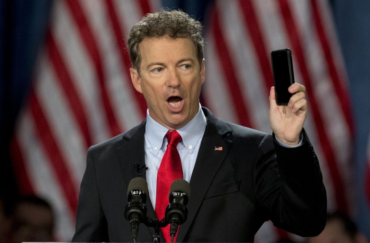 Sen. Rand Paul speaks before announcing the start of his presidential campaign in Louisville, Ky., on April 7.
