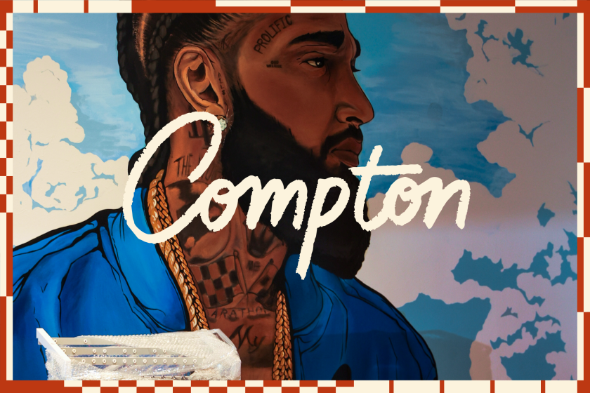 Compton illustrated typography over a mural of Nipsey Hussle