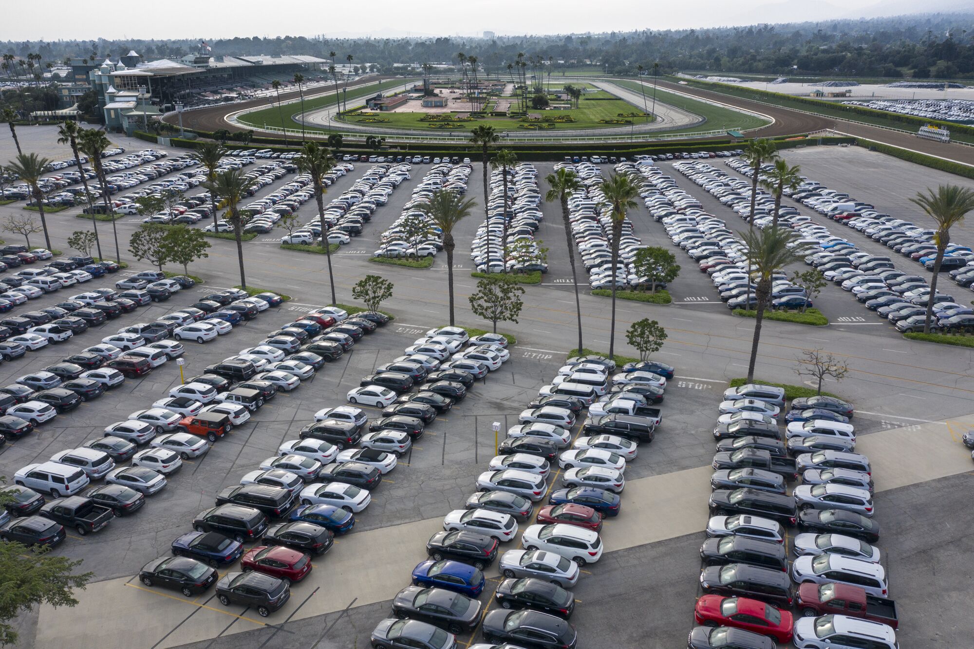 Cars are stored at the Santa Anita racetrack parking lot.