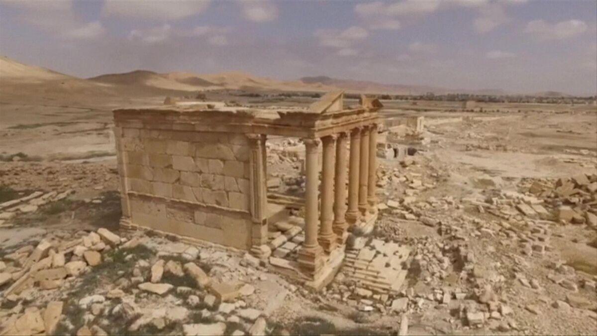 An image from video recorded by a Russian drone on March 27, 2016, shows a temple in the ancient city of Palmyra.