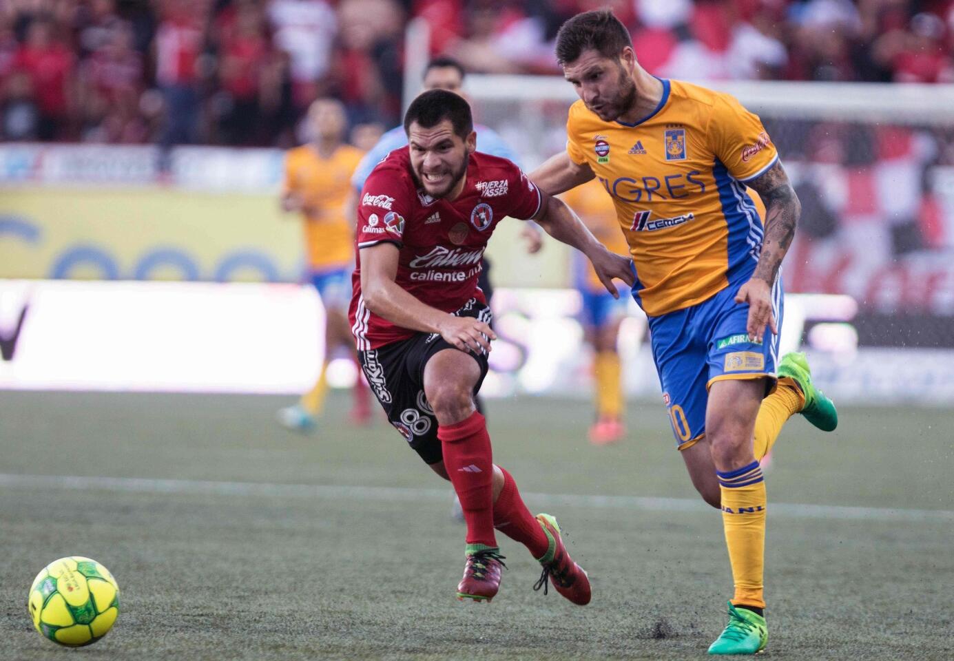 Monterrey`s Tigres Andre-Pierre Gignac (R) vies for the ball with Tijuana`s Hiram Munoz (L) during their Mexican Clausura 2017 Tournament second leg semifinal match at the Caliente Stadium in Tijuana, Mexico on May 21, 2017. / AFP PHOTO / GUILLERMO ARIASGUILLERMO ARIAS/AFP/Getty Images ** OUTS - ELSENT, FPG, CM - OUTS * NM, PH, VA if sourced by CT, LA or MoD **