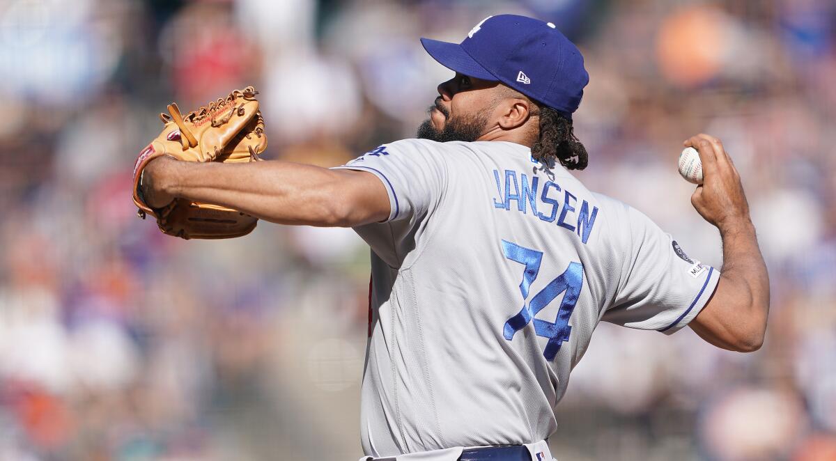 Dodgers closer Kenley Jansen pitches against the Giants on Sept. 28.