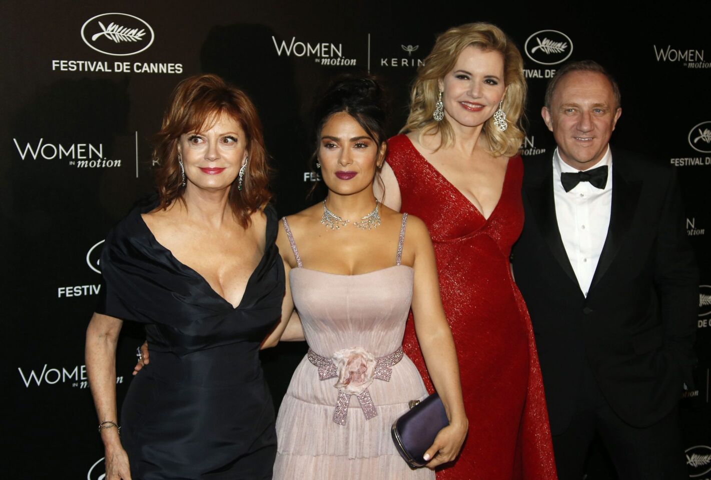 Susan Sarandon, from left, Salma Hayek, Geena Davis and Kering CEO Francois-Henri Pinault arrive for the Kering Women in Motion Honor Awards during the 69th Cannes Film Festival.