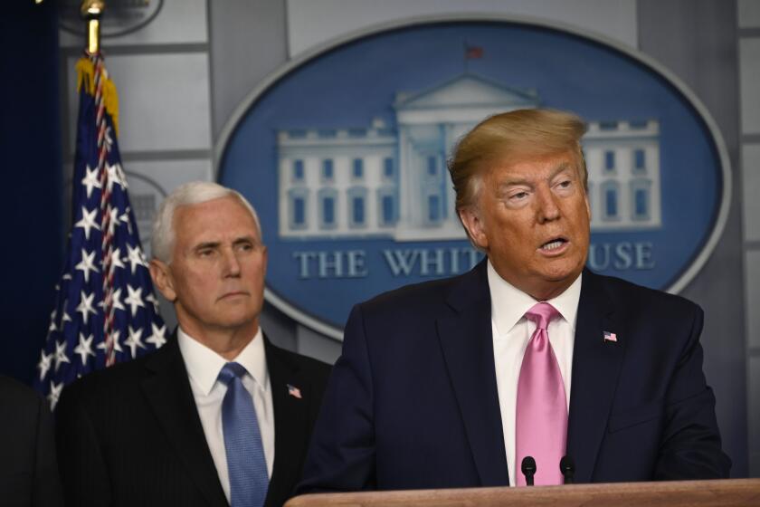 US President Donald Trump, flanked by Vice President Mike Pence, holds a news conference with members of the Centers for Disease Control and Prevention(CDC) on the COVID-19 outbreak at the White House on February 26, 2020. - Trump defended his administration's response to the novel coronavirus. (Photo by Andrew CABALLERO-REYNOLDS / AFP) (Photo by ANDREW CABALLERO-REYNOLDS/AFP via Getty Images)