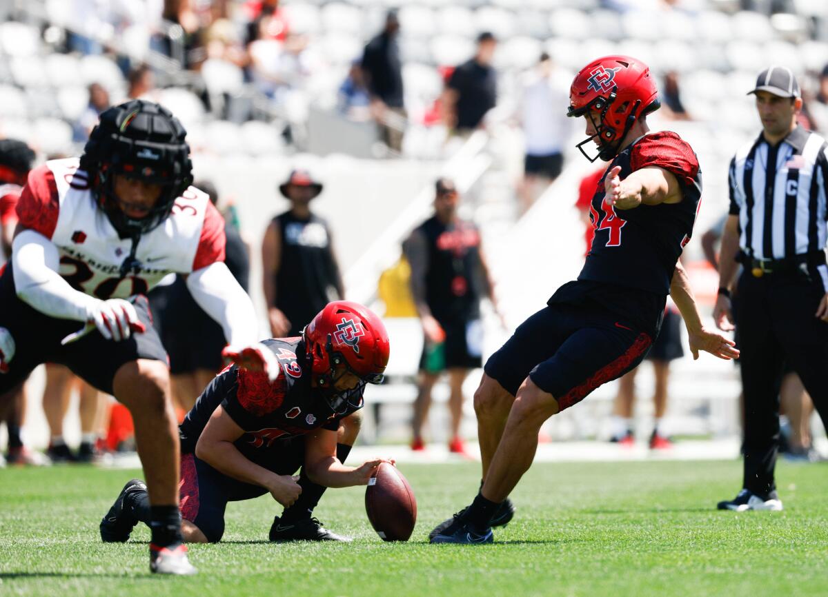 San Diego State place-kicker Nick Lopez attempts a field goal during Saturday's AztecFAST Showcase.