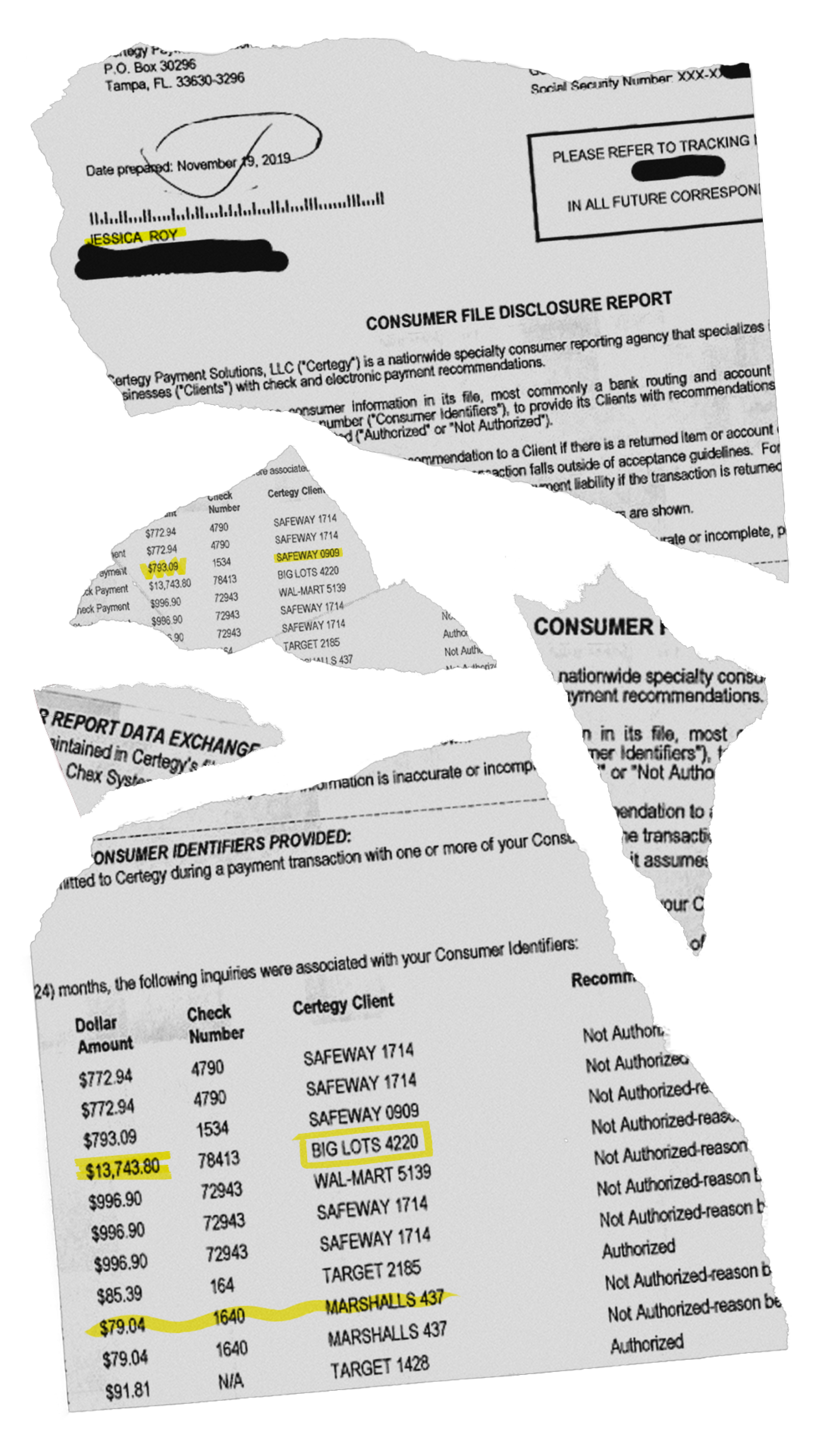 A collage of documents showing unauthorized check amounts written in the author's name.