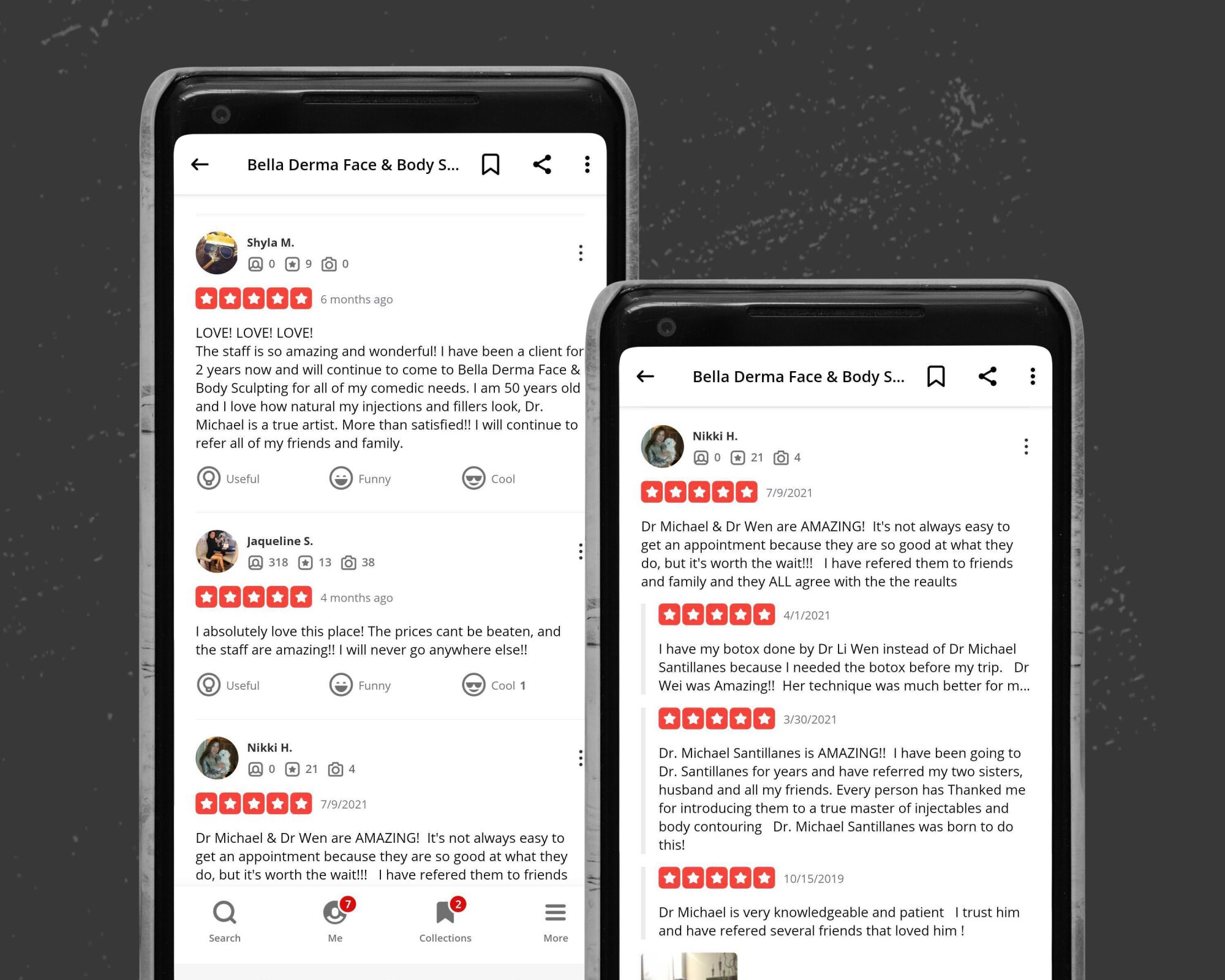 Phone screenshots of Yelp reviews for Bella Derma Face & Body Sculpting from Shyla M and Nikki H