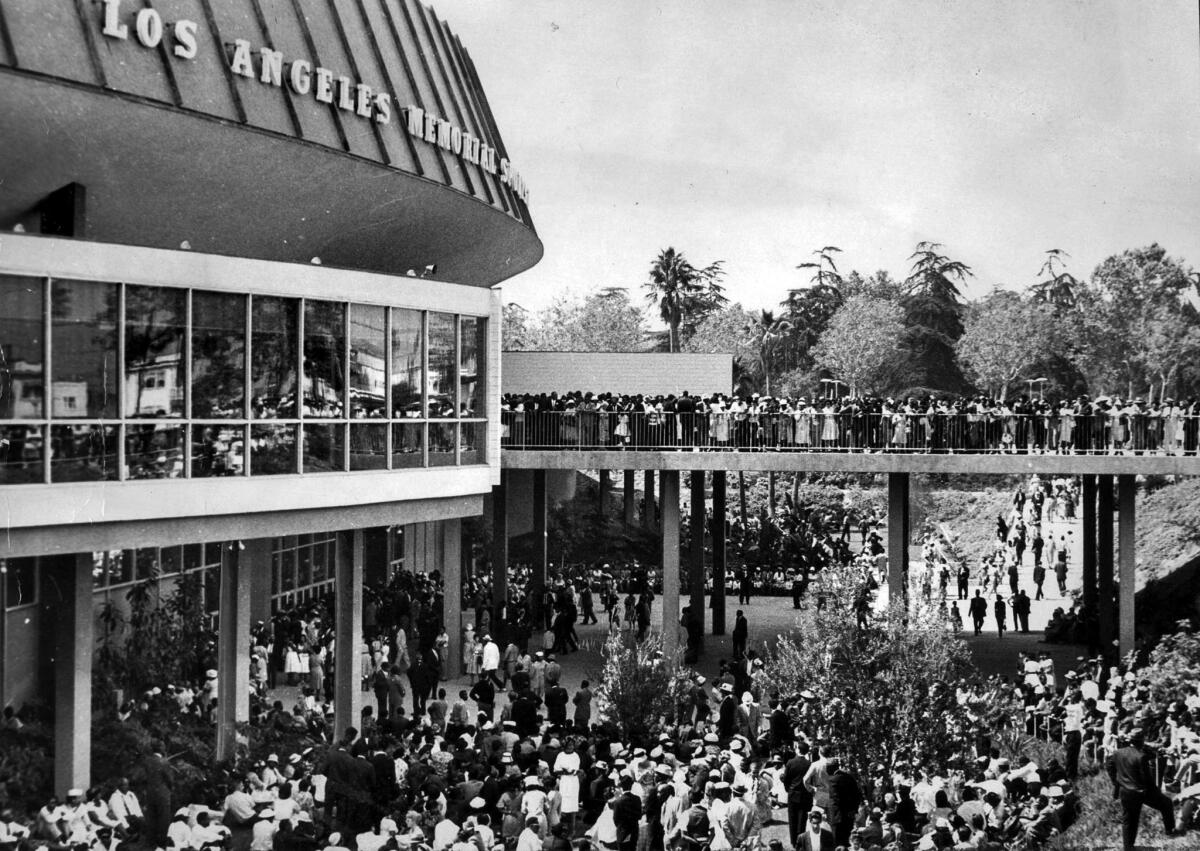 June 18, 1961: Overflow crowd outside the Sports Arena was able to hear Rev. Martin Luther King, Jr. speech.