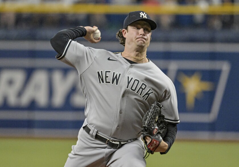 New York Yankees starter Gerrit Cole pitches against the Tampa Bay Rays during the first inning of a baseball game Monday, June 20, 2022, in St. Petersburg, Fla. (AP Photo/Steve Nesius)