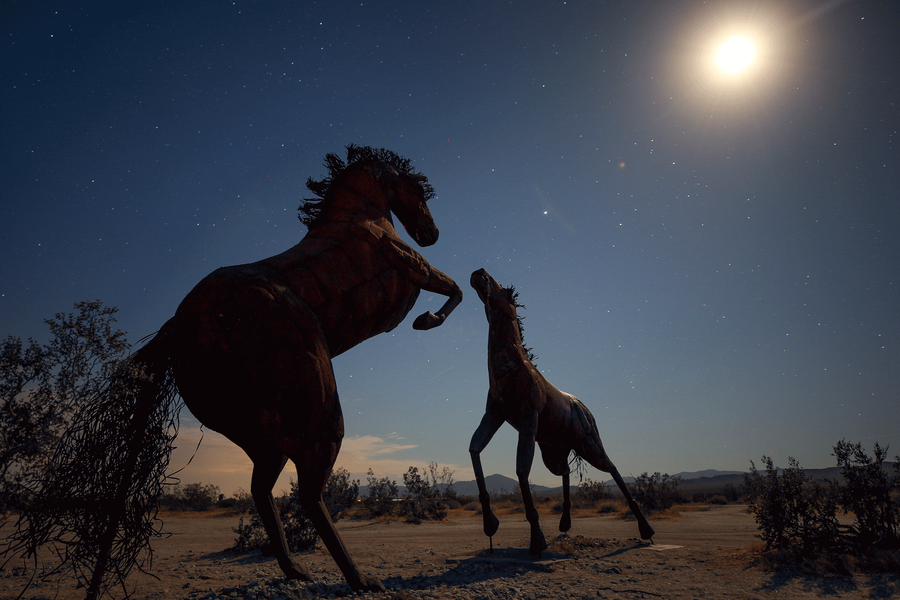 Horse sculptures are in silhouette at dusk in a desert setting.