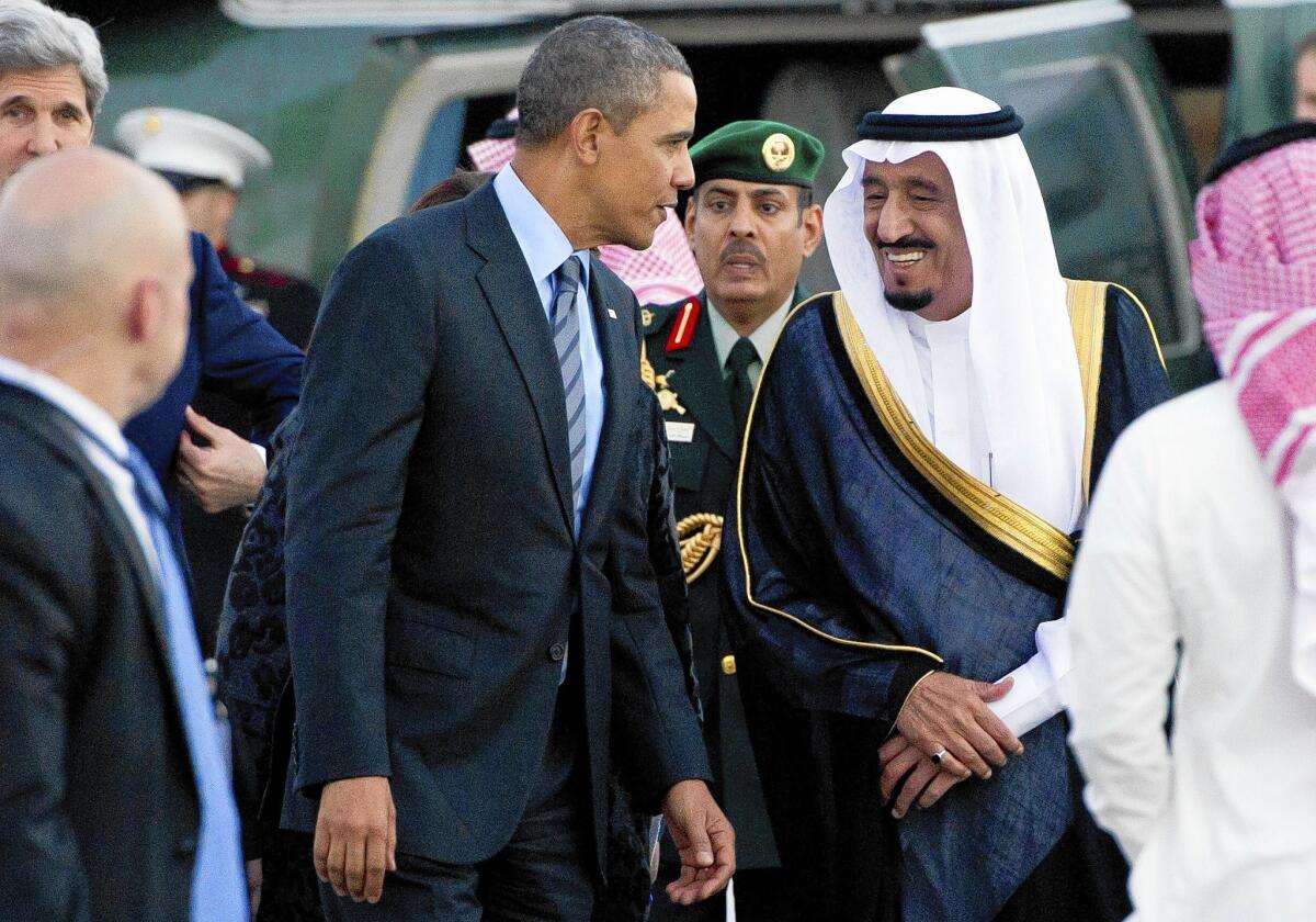 Saudi Crown Prince Salman ibn Abdulaziz al Saud greets President Obama at King Abdullah’s desert camp in Rawdat Khuraim, Saudi Arabia. The Saudis want the U.S. to provide more arms to rebels in Syria.