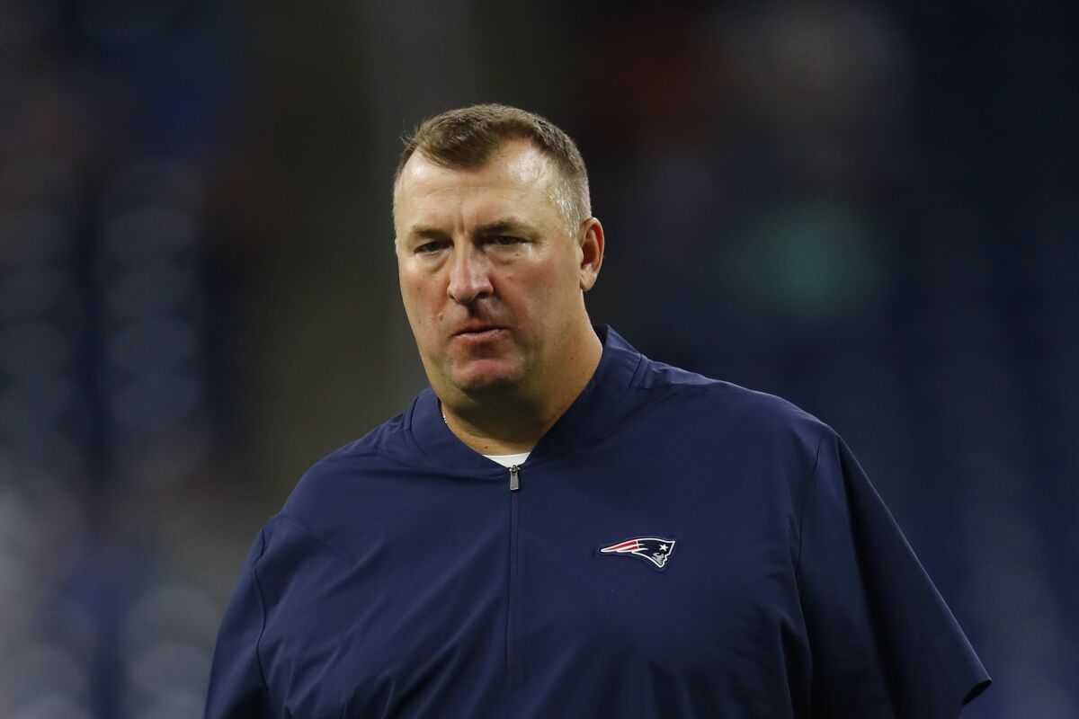 Bret Bielema along the Patriots sideline during a preseason game against the Lions on Aug. 8, 2019.