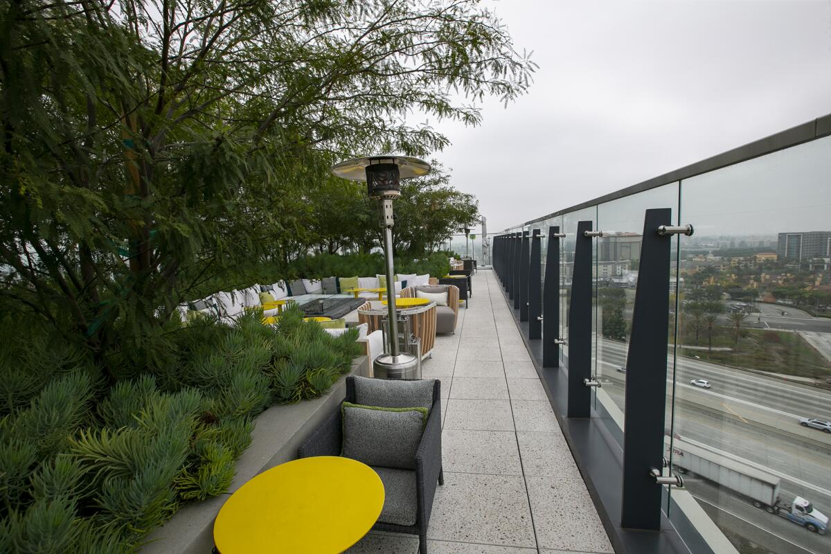Outdoor seating at the Blu Skybar rooftop restaurant at the Radisson Blu in Anaheim.