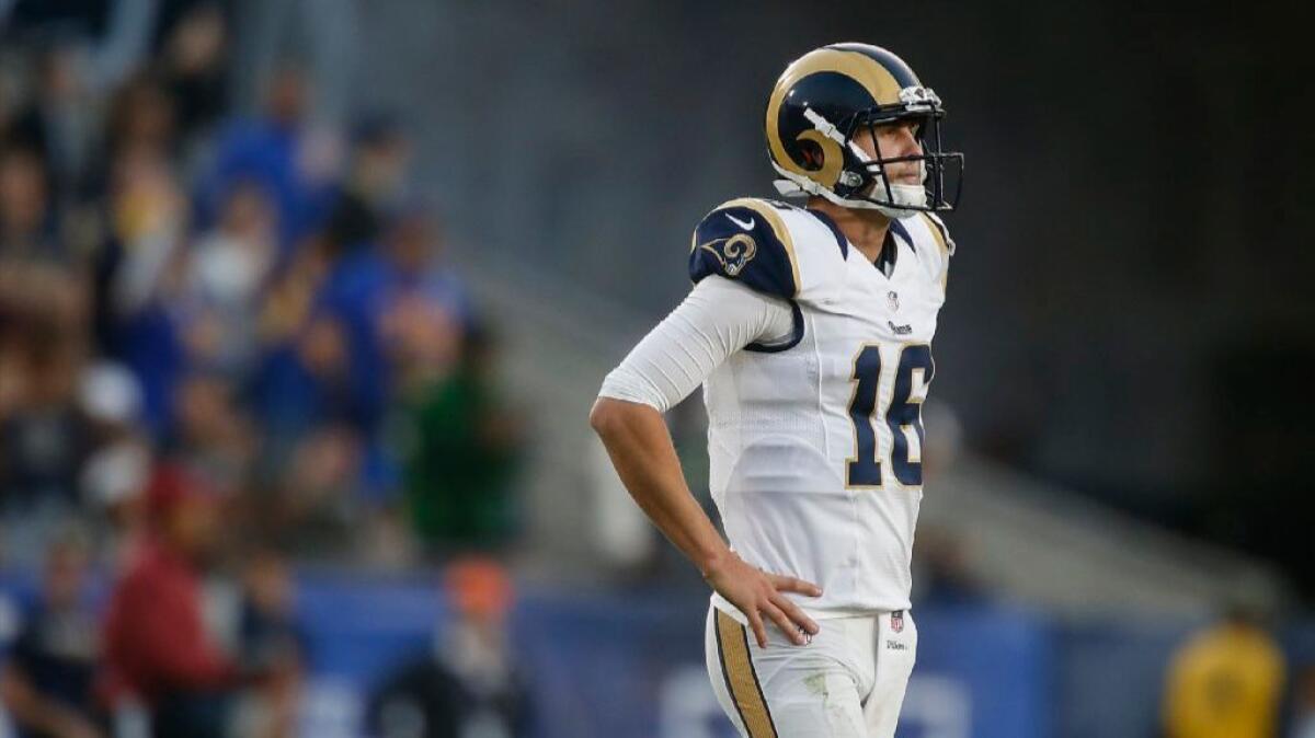 Rams quarterback Jared Goff pauses after an apparent touchdown pass was called back because of offensive pass interference during a game on Dec. 11.