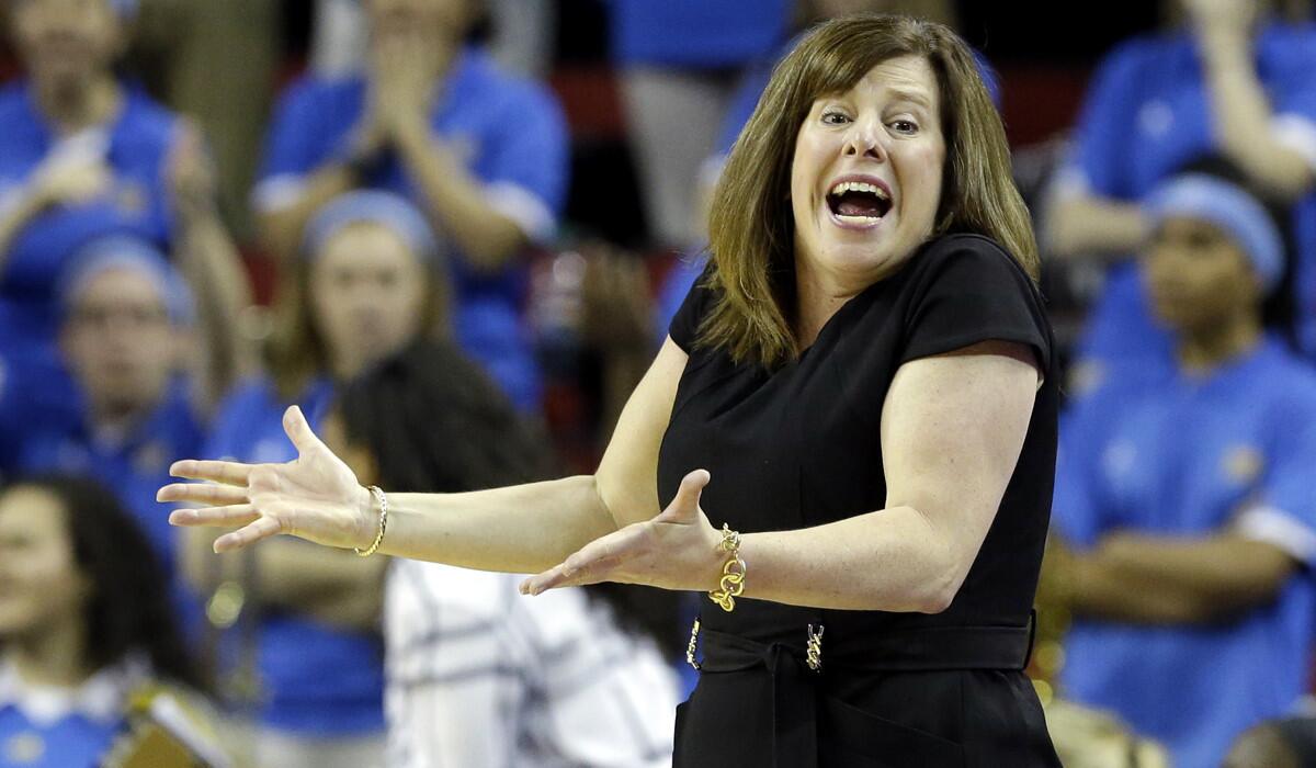 UCLA Coach Cori Close reacts against Oregon State in the first half of the Pac-12 tournament championship game on Mar. 6, 2016.