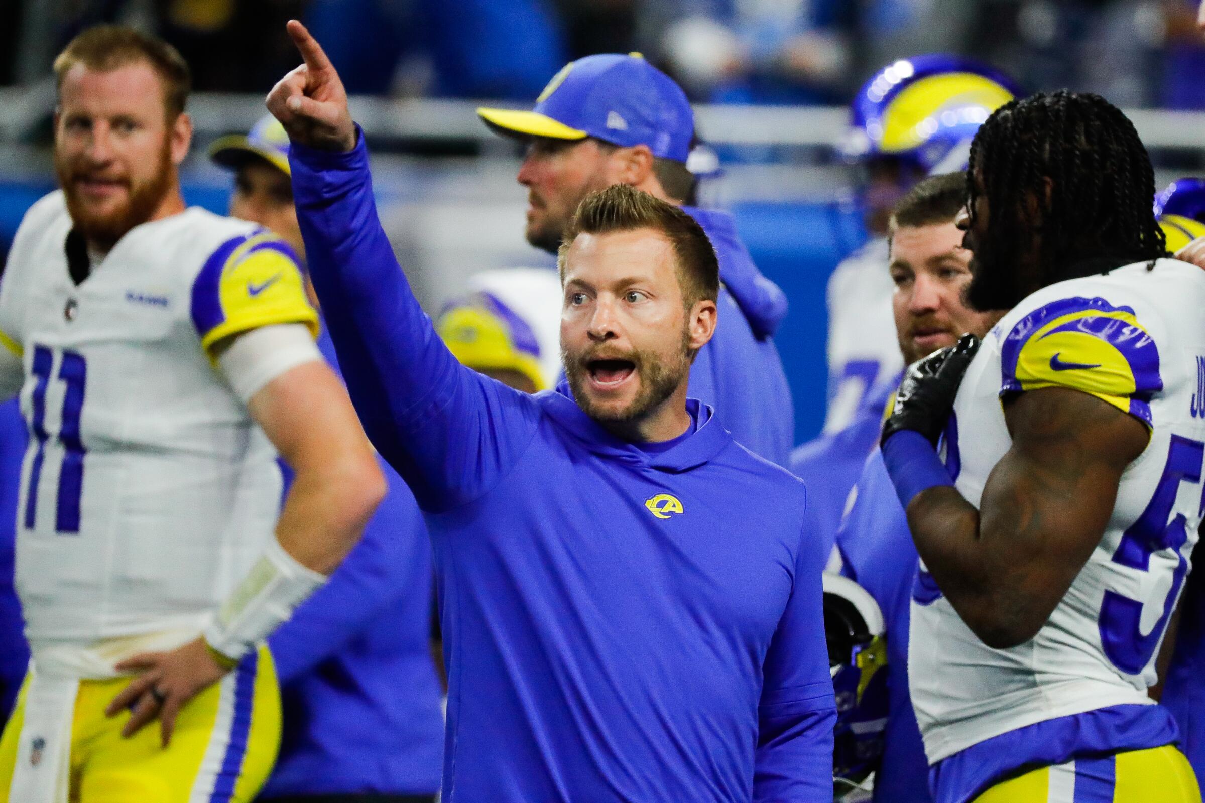 Rams coach Sean McVay gestures during warmups before his team's season-ending loss to the Detroit Lions at Ford Field.