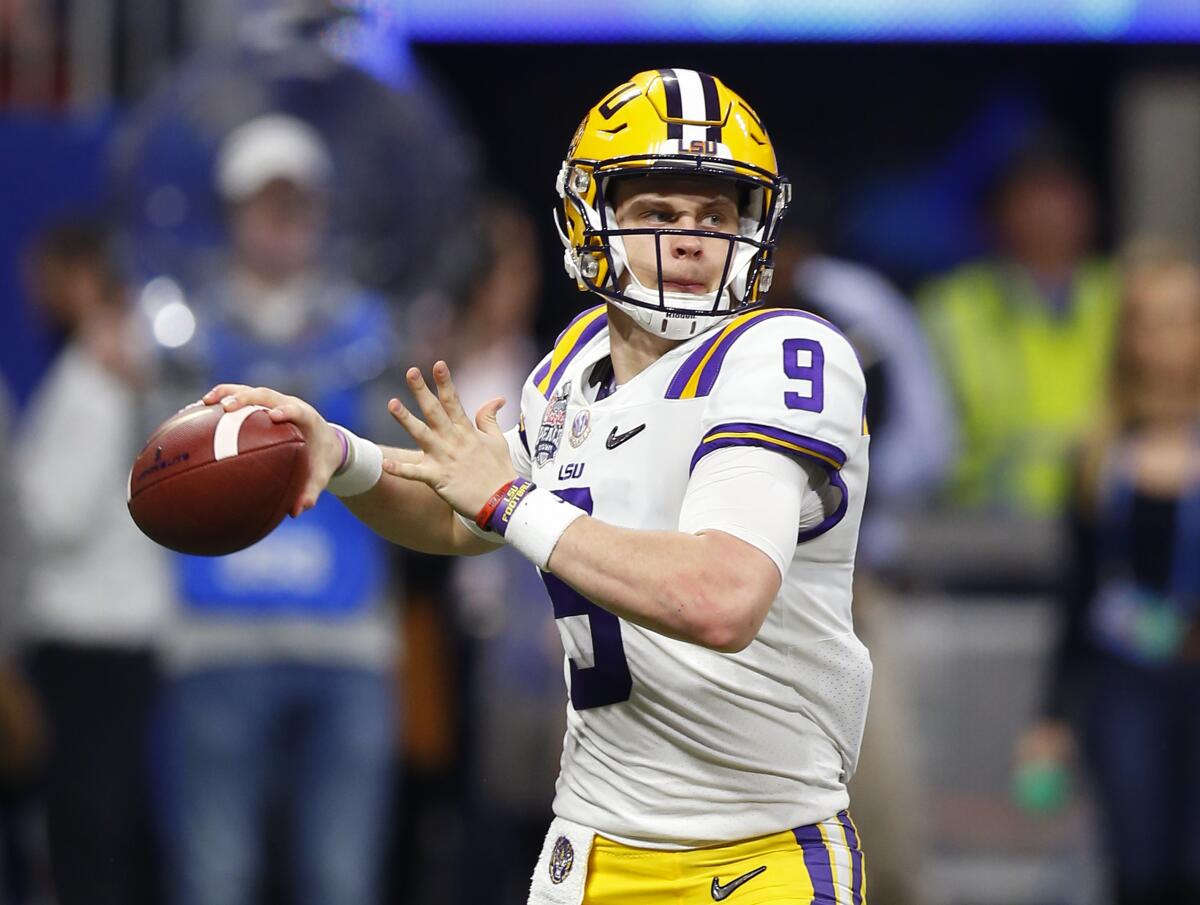 LSU quarterback Joe Burrow throws a pass during the Tigers' College Football Playoff semifinal against Oklahoma on Dec. 28 in Atlanta.