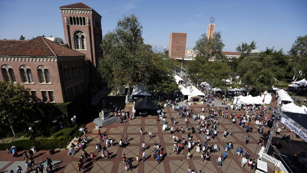 People walk through USC's campus during the 2015 Los Angeles Times Festival of Books.