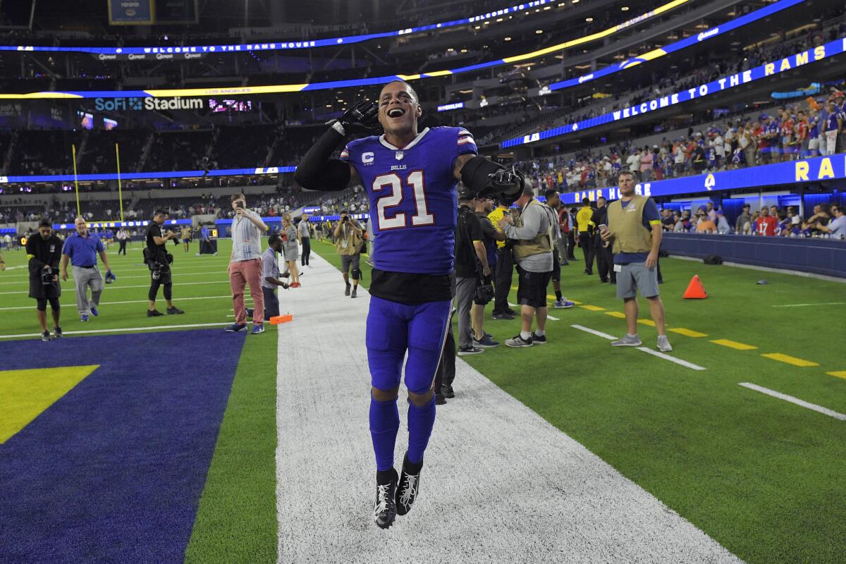 Buffalo Bills safety Jordan Poyer (21) celebrates after a 31-10 win over the Los Angeles Rams during an NFL football game Thursday, Sept. 8, 2022, in Inglewood, Calif. (AP Photo/Mark J. Terrill)