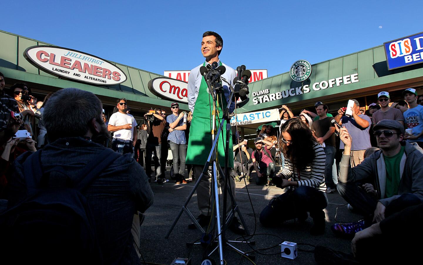 Comedian Nathan Fielder held a tongue-in-cheek news conference outside his Dumb Starbucks store in Los Feliz.