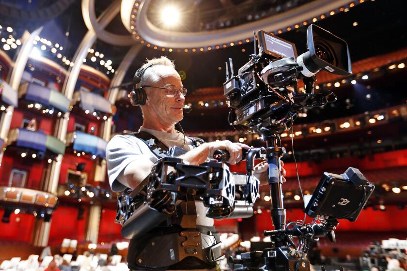 Steadicam operator David Eastwood cruises across the stage during Wednesday rehearsals in the Dolby Theatre.