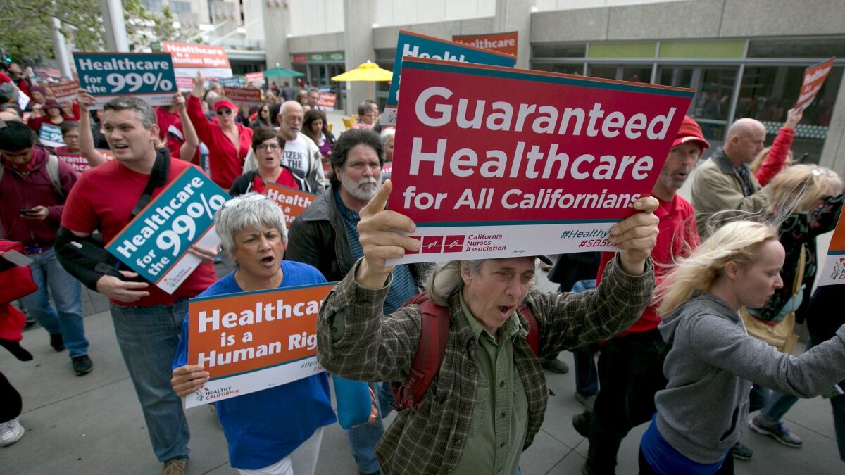 Supporters of a California single-payer healthcare bill marched in Sacramento last April, before the measure was passed by the State Senate and then shelved in the State Assembly. It may be back on the table this year.
