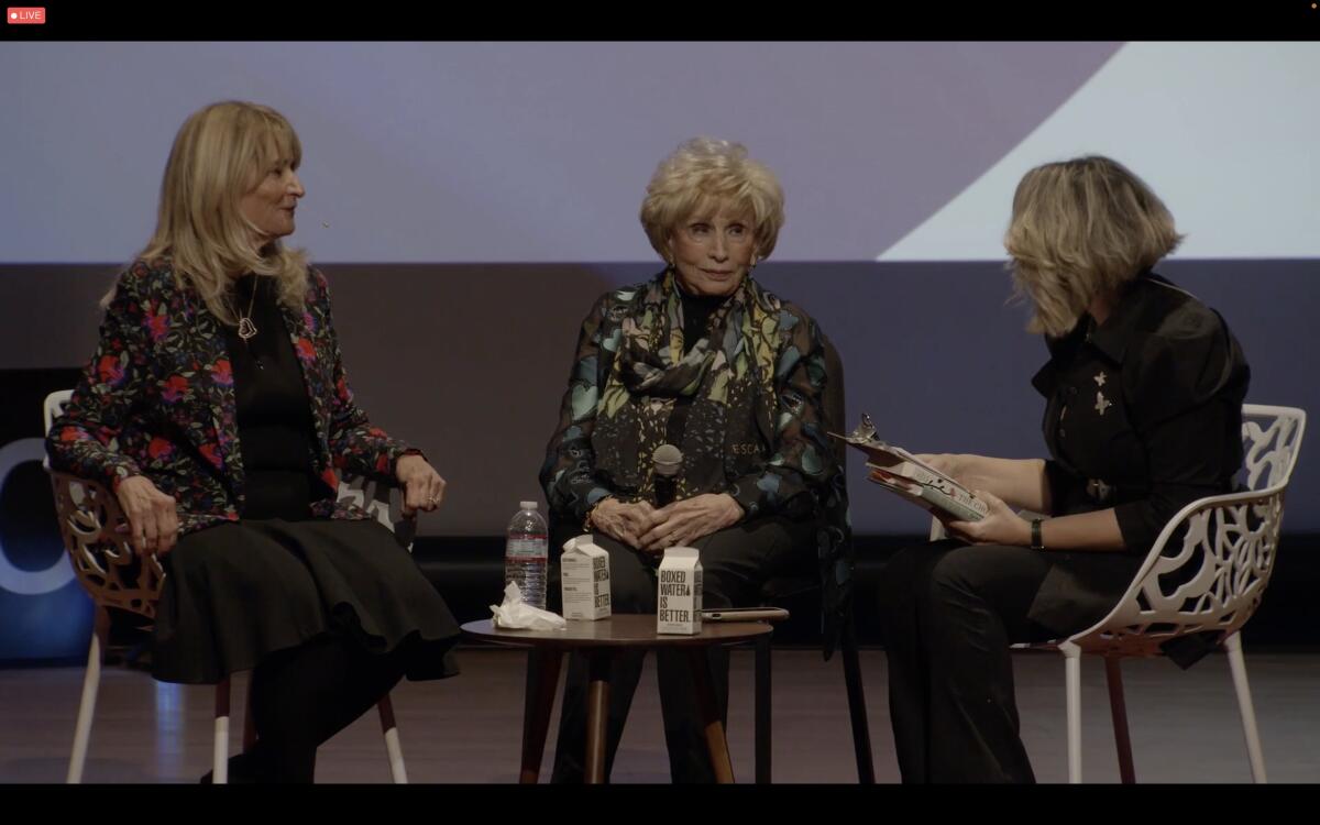 Edith Eger (center) of La Jolla sits with her daughter Marianne Engle (left) and TEDxSanDiego moderator Nikkisa Abdollahi.
