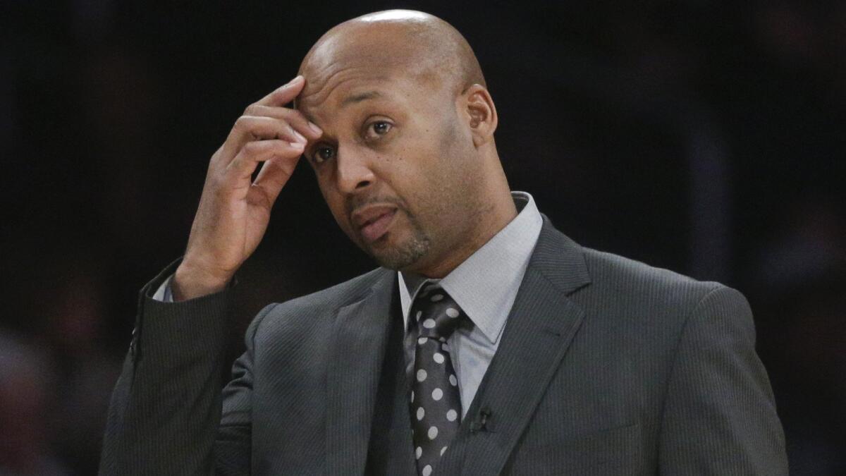 Denver Nuggets Coach Brian Shaw gestures during a game against the Lakers at Staples Center on Feb. 10.