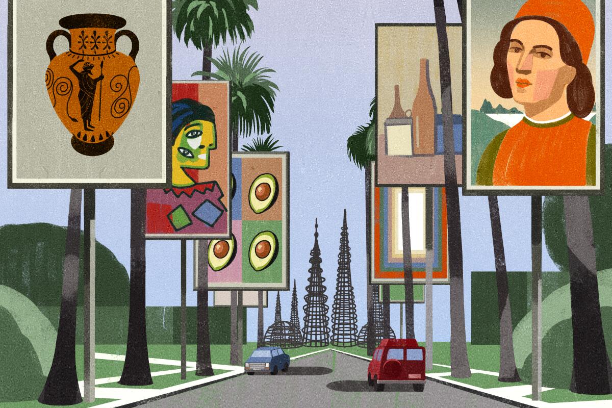 Illustration of works of art on billboards along LA boulevard