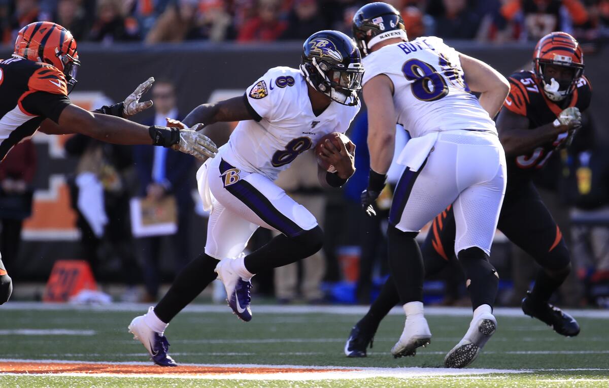 Baltimore Ravens quarterback Lamar Jackson runs for a touchdown against the Cincinnati Bengals.