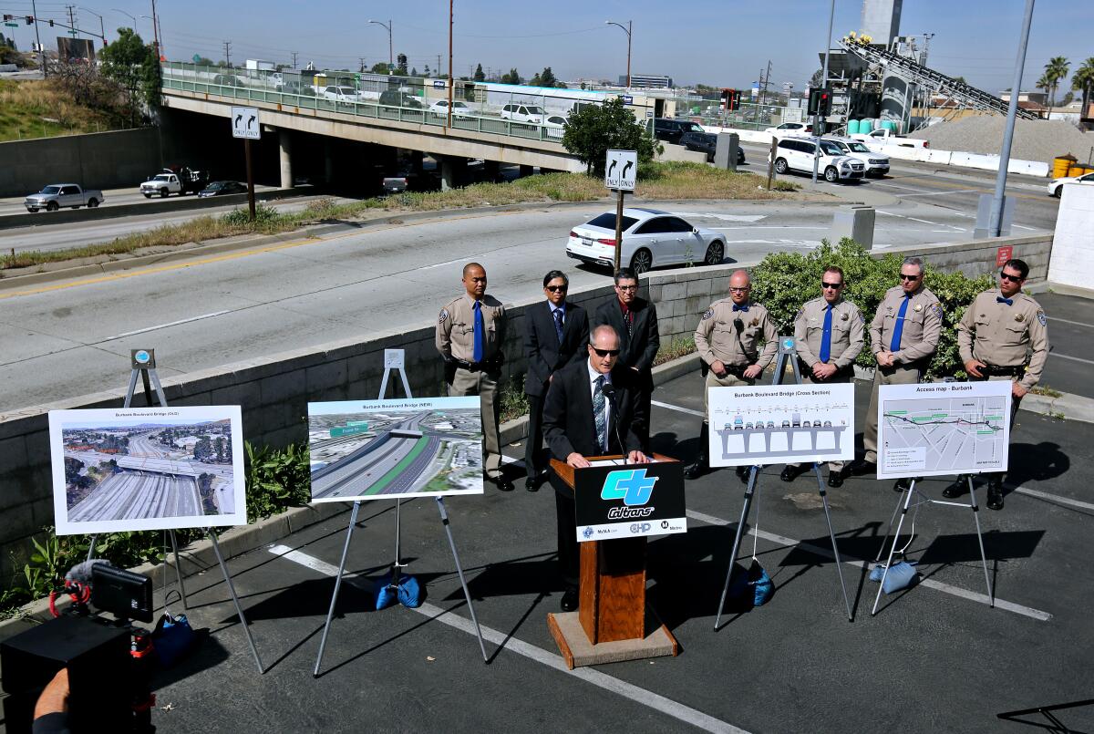 CalTrans District 7 director John Bulinski talks about the upcoming Burbank Boulevard bridge expansion as well as closure plans for the 5 Freeway during a press conference in Burbank on Thursday. The freeway will close for 36 hours in April while the bridge is demolished and debris is removed.