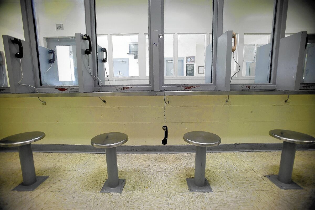 The inmate visitation area at the North Facility of the Pitchess Jail in Castaic. Some local governments, including San Francisco, are trying to lower the costs of inmates' phone calls to the outside world.
