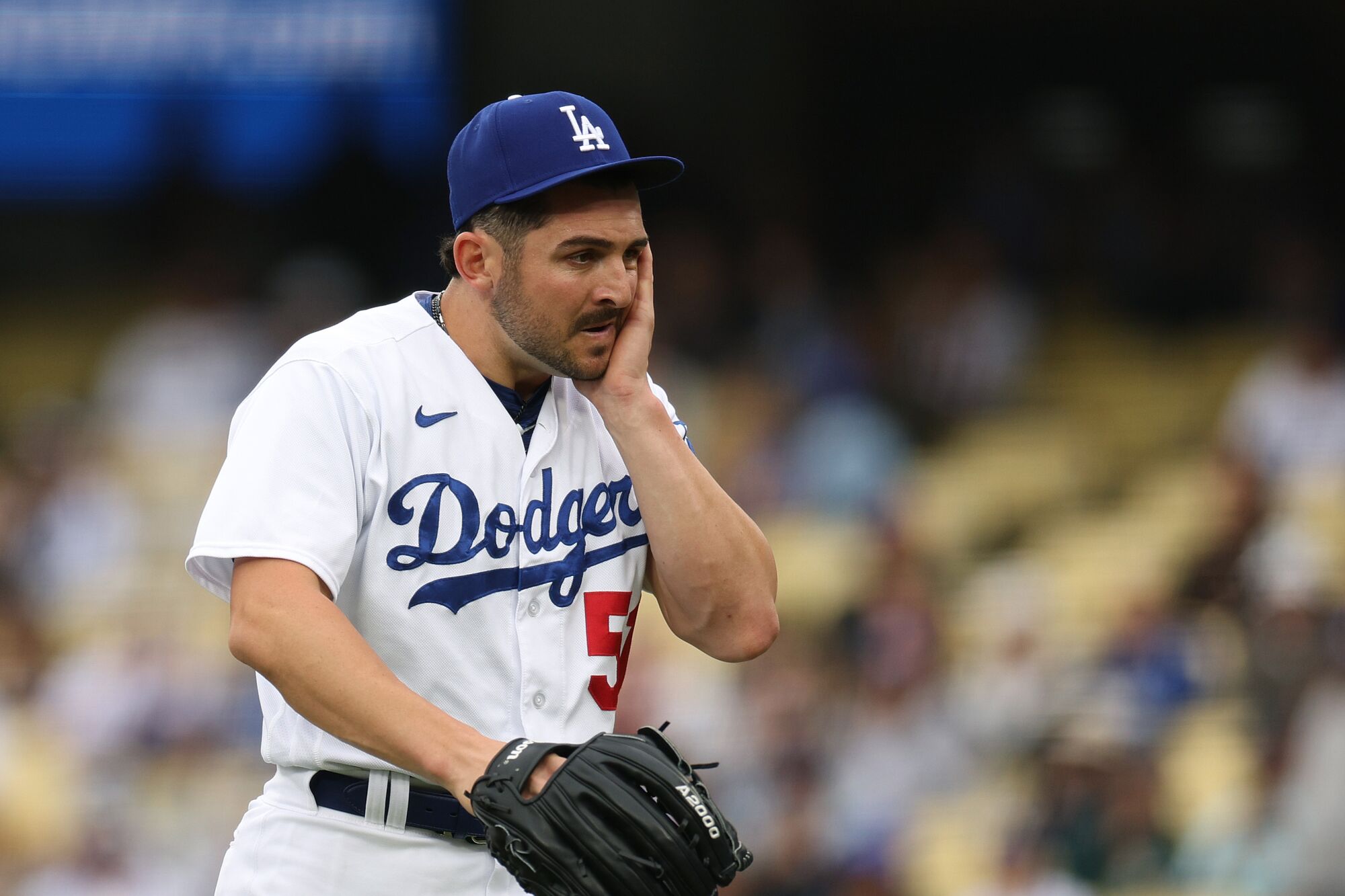 Dodgers reliever Alex Vesia walks to the dugout during a loss to the Washington Nationals on May 31.