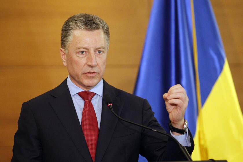 KIEV, UKRAINE - 2019/07/27: Kurt Volker, US Department Special Representative for Ukraine speaks during a press conference about US-Ukrainian relations in Kiev. The US delegation headed by the Special Representative of the United States Department of State for Ukraine, Kurt Volker on a working visit to the village of Stanytsia Luhanska in Luhansk region East of Ukraine. (Photo by Pavlo Gonchar/SOPA Images/LightRocket via Getty Images)