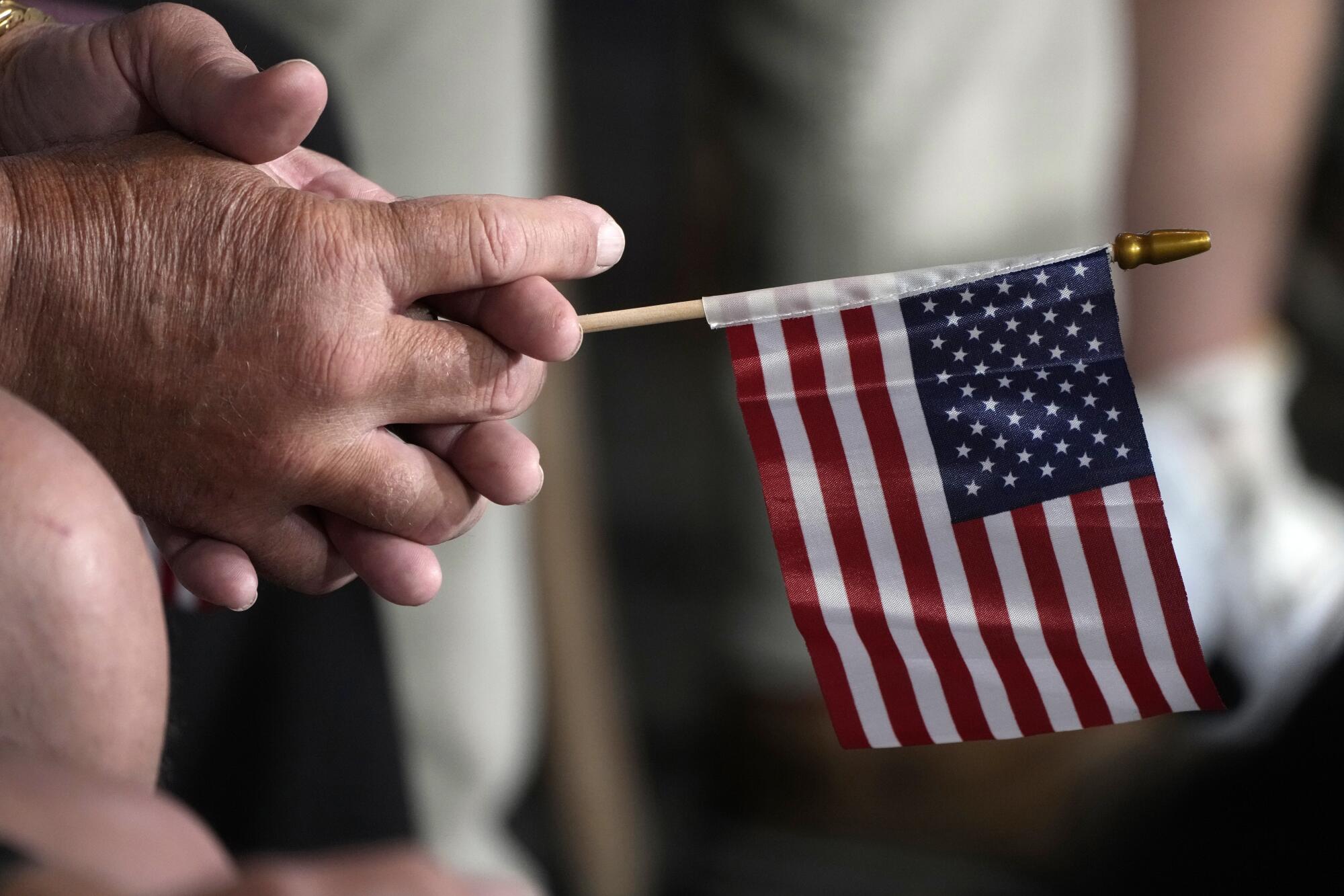 A closeup of hands holding a small American flag.