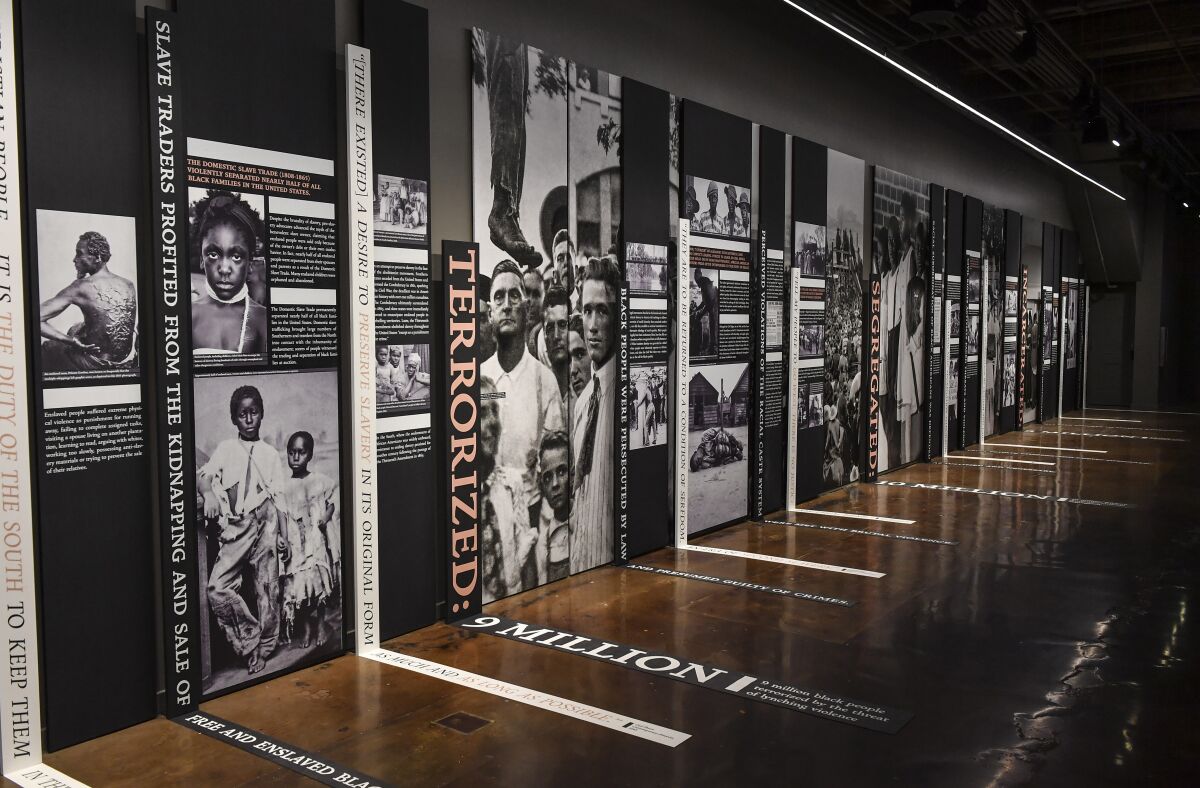 A narrative display of racial injustice at the Legacy Museum in Montgomery, Ala.
