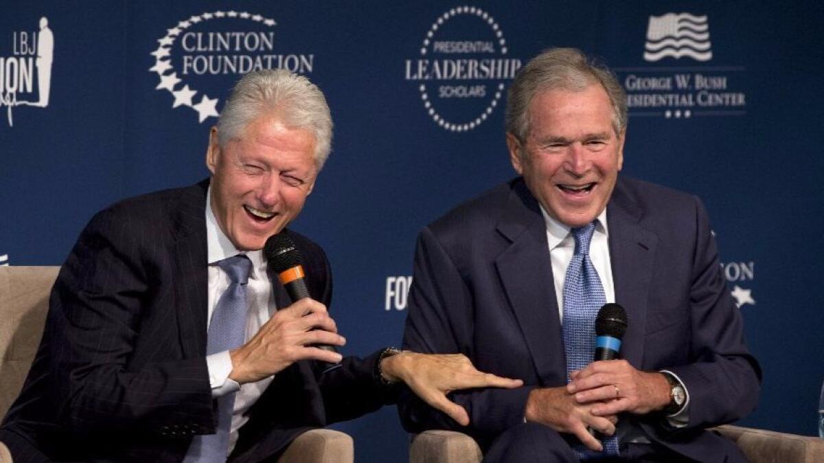 Former Presidents Bill Clinton and George W. Bush at the Presidential Leadership Scholars Program launch in 2014.