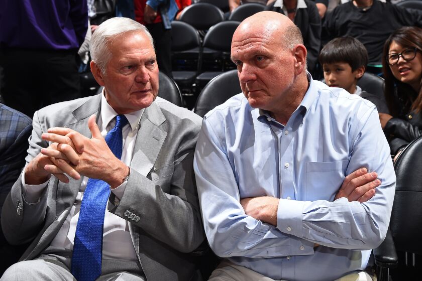 Jerry West sits with Clippers owner Steve Balmer during a game against the Milwaukee Buckson March 27, 2018, at Staples Center.