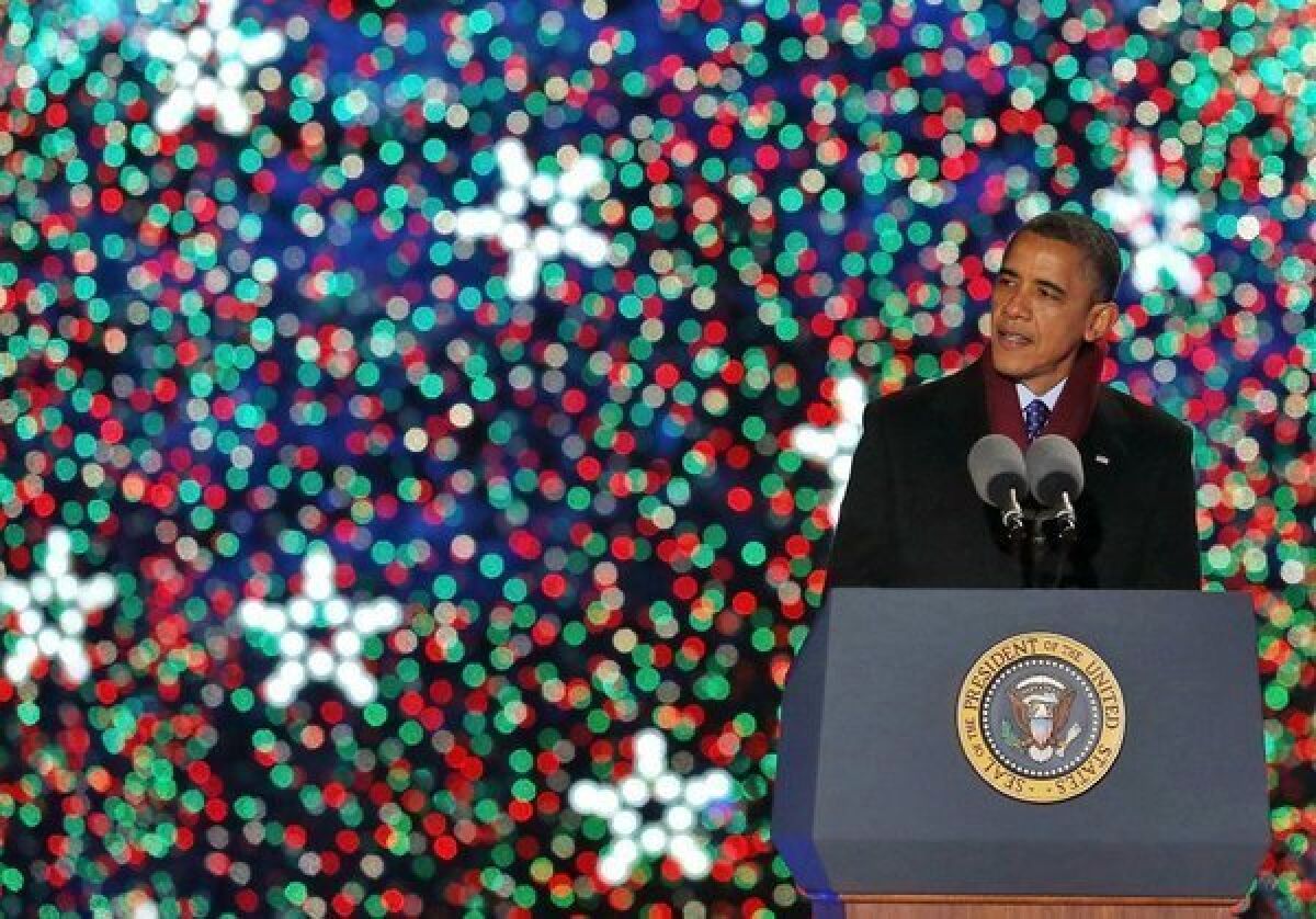 President Obama speaking after lighting the national Christmas tree this month in Washington.