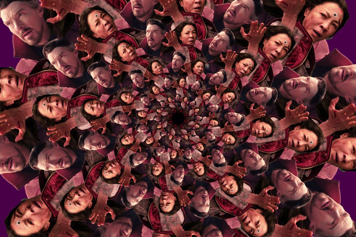 photo illustration of Benedict Cumberbatch and Michelle Yeoh in a spiral pattern