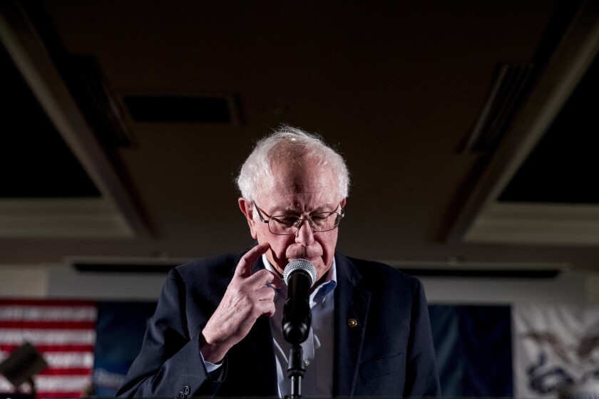 Democratic presidential candidate Sen. Bernie Sanders, I-Vt., pauses while speaking at a climate rally with the Sunrise Movement at The Graduate Hotel, Sunday, Jan. 12, 2020, in Iowa City, Iowa. (AP Photo/Andrew Harnik)