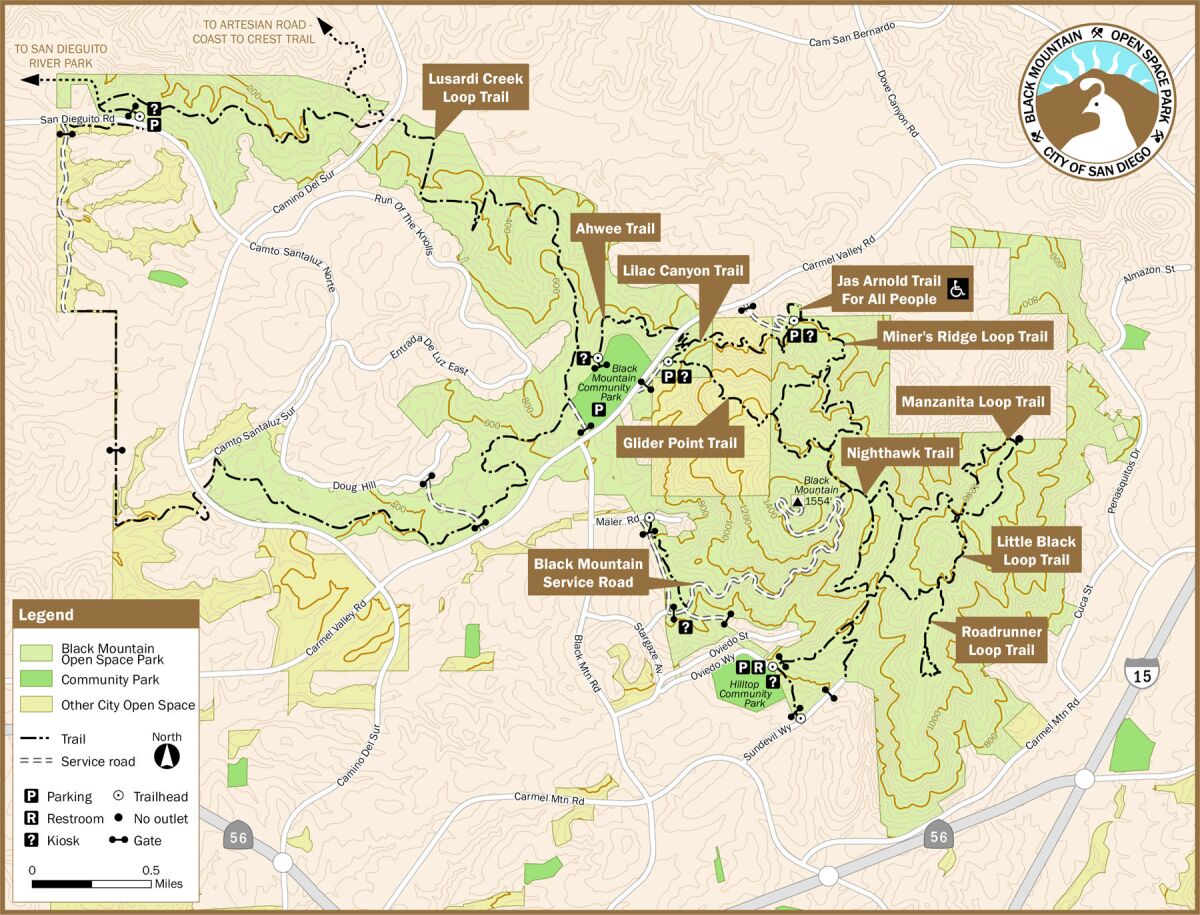 Trails in Black Mountain Open Space Park and surrounding areas.