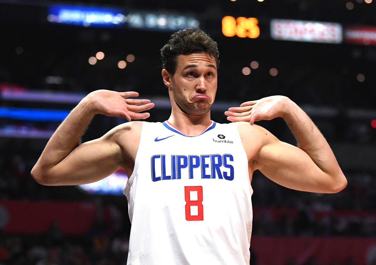 Danilo Gallinari #8 of the LA Clippers reacts after the ball goes out of bounds during the first half against the Utah Jazz at Staples Center on April 10, 2019 in Los Angeles, California.