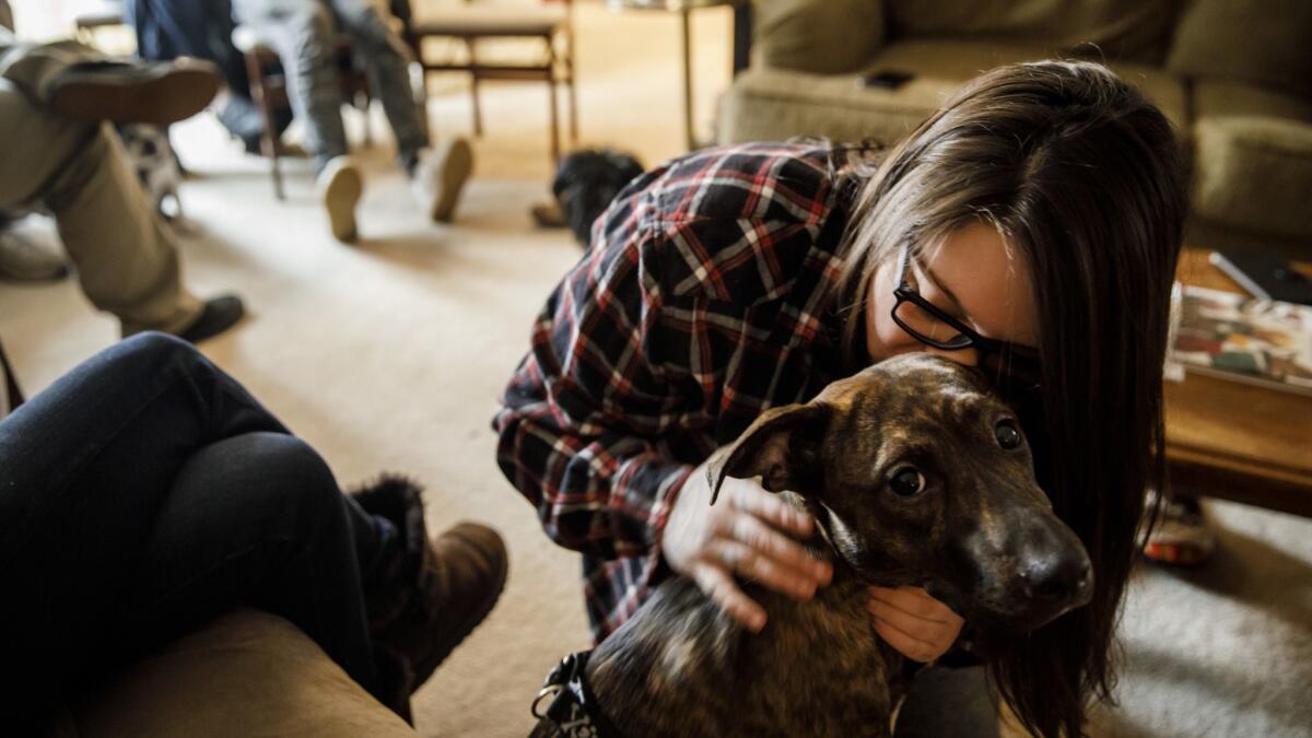 Alexandria Wilson, 21, kisses her dog, Harley, after they both escaped the Camp fire in Paradise. They are safe and sound at a relative's house in Applegate, Calif.